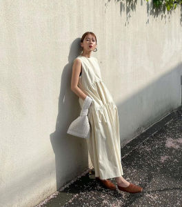 Alisa.Sonya Womens Casual Plain Simple Sleeveless Offwhite A-line Princess Maxi Dress