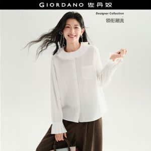 Giordano Women Pleated ruffle collar long sleeve shirt Free Shipping 18346912