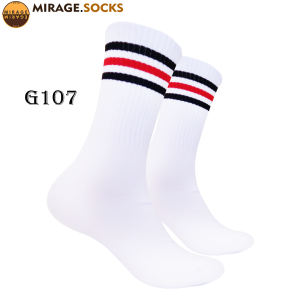 Kaos Kaki Oldschool Motif Garis Hitam-Merah-Hitam Dasar Putih - 4LAYER BENANG - No. G107