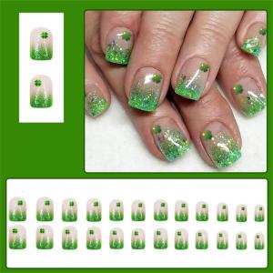 24Pcs Patricks Day Short Coffin Press on Nail Green Shamrock Designs Acrylic False Nail Manicure Decors for Women Girls