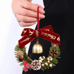 MAOMEI HOUSE Chuông kim loại Vòng hoa Giáng sinh Cây thông Nơ nhung Vòng hoa trang trí cửa Mộc mạc Vòng nhẫn Đồ trang trí treo cây thông Noel Bữa tiệc