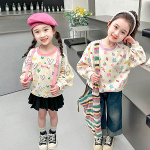 TUmama Cô gái dễ thương áo nỉ xuân thu với phim hoạt hình in thời trang tay Áo Dài Tops cho trẻ em mềm mại thoải mái mặc giản dị