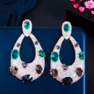 SEQUITO Stunning Cubic Zircon Stone Pave Large Teardrop Pendant Earrings Gold Color Hollow Luxury Boho Jewelry SE350