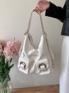 Korean-style simple unique versatile and fashionable zipper pocket PU Pitot bag shoulder bag large-capacity commuter backpack