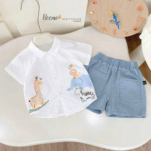 BE270 Bộ quần áo sơ mi cộc tay quần Jean BEEMO cho bé trai phong cách Hàn Quốc đi chơi