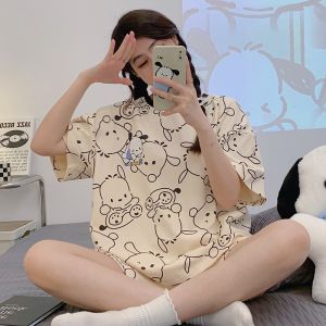 Leeshine Pajama Set Korean Sleepwear Set Short Sleeves Loungewear Cartoon Pattern Comfortable Cute Pajamas for Women