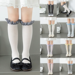 1 Pair Cotton Under Knee Length Socks for 3-13T Children Sweet Checkered Lace Detail Socks Stretchy Casual Hosiery