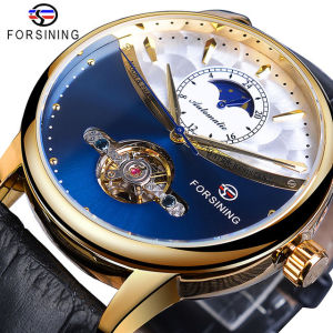 new Forsining classic fashion blue moon phase mechanical watch automatic tourbillon mens leather watch Relogio Masculino Dropship. Mens gifts