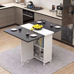 Folding table household small rectangular simple and easy to function with wheels moving dining table 4 people