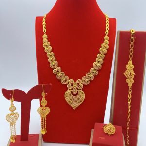 24K gold Heart-Shaped Middle Eastern Dubai Wedding Jewelry Set Ethnic Style Gold-Plated Copper Alloy Necklace Earrings Ring Bracelet Accessories