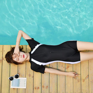 Luoke Swimming Suit Women 25-75kg New black one piece long sleeve Short Sleeve zip white stripe swimwear(Free shopping)In stock