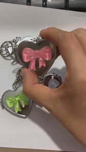 Korea Ins Style Sweet Pink Butterfly Bow Love Heart Mirror Keychain Bag Pendant Key Ring Heart Double Sided Cosmetic Mirror Metal Folding Keychain Stylish Bowknot Keychain Pendant for Women Girl