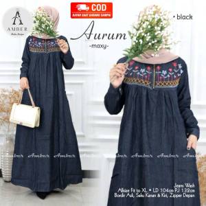 Gamis Jeans Wanita Aurum Maxy Dress Wanita Baju Gamis Wanita Terbaru Zipper Long Dress Bordir Lengan Panjang Fashion Muslim Kekinian
