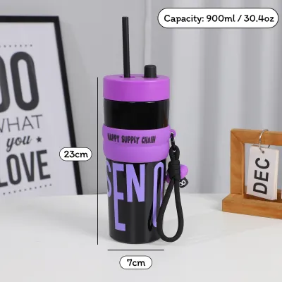 NUVOX 900ml Large Capacity Straw Cup Portable Plastic Tumbler with Handle and Straw Cute Dopamine Color Water Bottle