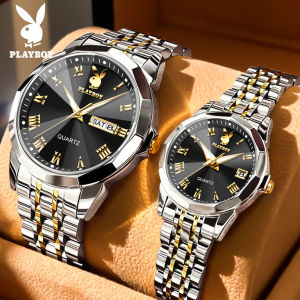 PLAYBOY นาฬิกาคู่ 100% แท้จริง แฟชั่น หน้าปัดประดับเพชร ปฏิทินคู่ ส่องสว่าง ของขวัญวันวาเลนไทน์ นาฬิกา ผู้หญิง นาฬิกา ผู้ชาย