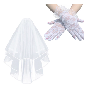 Bridal Veil and Gloves Set Wedding Tulle Floral Lace Gloves for Operas Women Lady Theme Proms Costume Accessories
