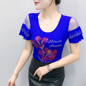 YIMEI เสื้อตาข่ายประดับเพชรแบบใหม่สำหรับฤดูร้อน2025เสื้อเชิ้ตลีลาศแขนสั้นลายใบบัวเสื้อยืดปักหมุดเพชรทันสมัยและใช้งานได้หลากหลายสำหรับผู้หญิง