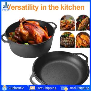 [Vodool Home Mall][Vodool Home Mall] 2 in 1 Iron Dutch Oven with Skillet Lid Dutch Oven Pot with Dual Handles Skillet Cookware Pan Set for Bread Frying Baking