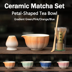 QUIVLOX Ceramic Matcha Bowl Petal-shaped Gradient Chinese Tradition Tea Set with Whisk Maker Tool High Temperature Resistant 4PCS/Set