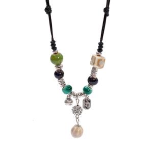 Ethnic Ceramic Beaded Necklace for Women Waterdrop Pendant Clavicle Chain Necklace Handmade Bohemian Sweater Chain