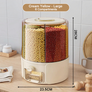 Rotatable Cereal Container Storage 6grid Quantitative Rice Dispenser 5/10KG Tight Transparent Sealed