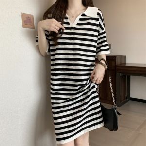 Summer Fashion Womens Midi Dress Slim Short Sleeve Polo Collared V Neck Retro Stripe Casual Long Pencil Dresses Knit Cotton Above Knee #1325