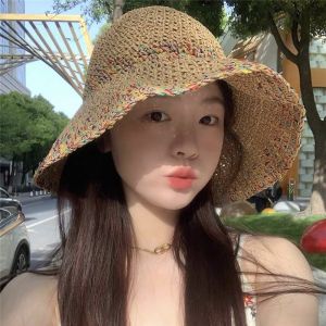 RUNENBAOLUO Summer Beach Straw Hat for Women Wide Brim Sun Protection UV50+ Vacation Style Adjustable Foldable Hat