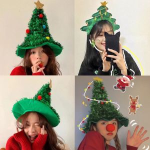 WENYOU 2025 INS หมวกต้นคริสต์มาส ผ้าไหมฝน กับดาว ที่คาดผมคริสต์มาสดิ้น แฟนซี ตกแต่งหมวกของขวัญ สำหรับปีใหม่