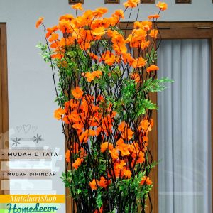 Dekorasi Rumah Tanaman Artifisial 10 Btg Bambu Ulir Hitam Anyelir Orens 170cm (Tanpa Pot)