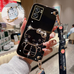 YiaMia เคสโทรศัพท์แฟชั่นสำหรับ A57 A77S OPPO 4G 2022ตัวชุบโลหะหรูหราสายยาวแฟชั่น KT กระจกเงาโต๊ะเครื่องแป้งแมวฝาครอบโทรศัพท์