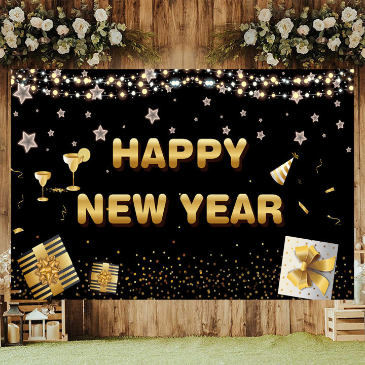 5x3ft Happy New Year Photography Backdrop Black Gold Theme New