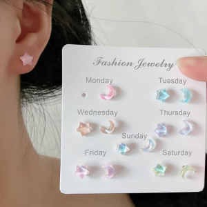 7 Pairs/set Fairy Colorful Star Moon Stud Earrings Set Hypoallergenic Ear Piercing Jewelry Cute Aurora Color Earrings