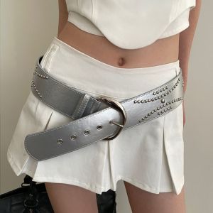 SUTONGXUE Pin Buckle Rivet Waist Belt Y2K Silver Wide Belt Punk Trouser Decoration PU Leather Waistbands Girl