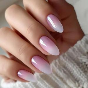 24 Pcs Reusable Artificial Nail Pink Gradient Press On Nail Glossy False Nail Short Round Stick On Nail for Party