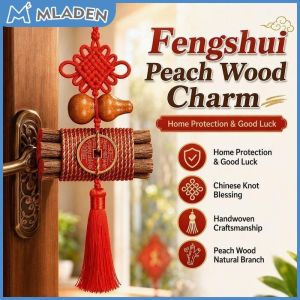 MLADEN Peach Wood Fengshui Charm Color Thread Wrapped Hanging Amulet with Red Knot Tassel for Car