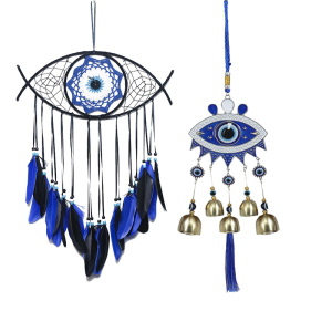 2PC Handmade Blue Feather Evil Eye Dream Catcher And Vintage Blue Devils Eye Wind Chime