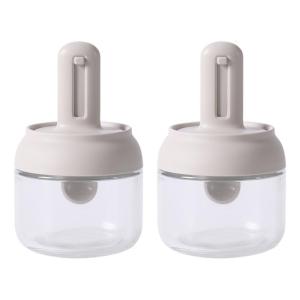 Set of 2 Glass Condiment Container With Built In Measuring Spoon And Leak Proof Lid For Salt Sugar Storage