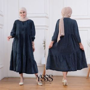 Midi Dress Jeanswash Denim Korean style - MIdi Jeans Washed Pakaian Wanita Snow Blue & Snow Black - Gamis Jeans Wanita - Long Dress Jeans Jumbo