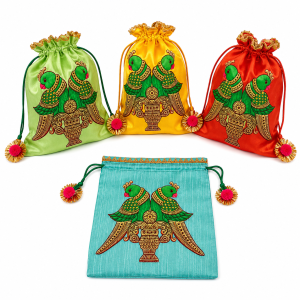 Parrot Design Silk Potli Bags for Wedding Return Gifts | Drawstring Ethnic Gift Pouch for Favors Tambulam & Festival (Pack of 1 | Size- 9.5*7.5 Inch)