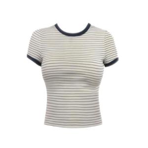 HUYTT Womens T-shirt Short Sleeves 2025 Summer Simple Striped Round Neck Stitching Design Slim Fit College Style Womens Tops