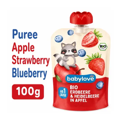 BabyLove Organic Pouch Puree Apple Strawberry Blueberry for Age 1+ Vegan 100g
