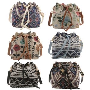 NALANILI Floral Pattern Bucket Bag Adjustable Drawstring Linen Fabric Shoulder Bag Fashion Ethnic Style Handbag Womens Fashion