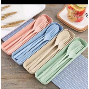 Sendok Set Garpu Sumpit sendok Bahan Jerami + kotak Sendok Set 3 in 1 Perlengkapan Makan COD SH A30