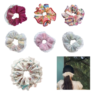 Large Scrunchies Lace Trim Vintage Floral Hair Scrunchy 90s Women Girls Thick Hair Accessory Hair Tie Ponytail Holder