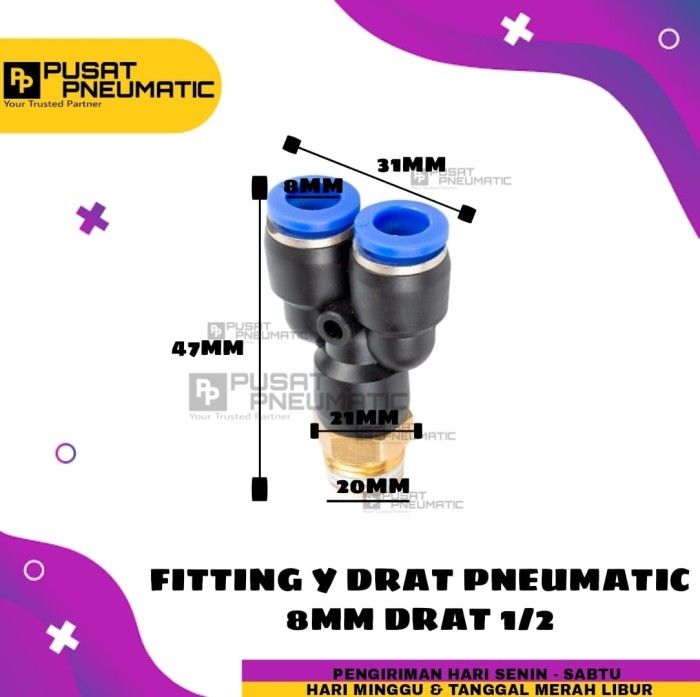 FITTING Y DRAT 2 TUBE (MPX 08-04) UKURAN 8 MM DRAT UKRAN 1/2