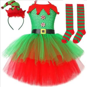 Red Green Christmas Elf Costumes for Girls Xmas Elves Fairy Dresses for Kids New Year Outfit Festival Clothes with Hat Socks2026