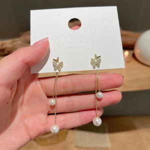 good 999 18k gold Korean Fashion butterfly tassel pearl zircon summer temperament high sense long Earrings ES6239