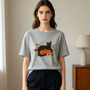 Vintage Black Cat Pumpkin Autumn Sunflower Graphic Crew Neck Cotton T Shirt Women Top For Fall Festival Gathering