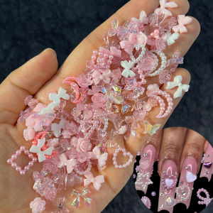 50Pcs Pearl Pink Bowknot Heart Shaped Rhinestones Mixed Nail Decorations Kawaii Flowers Butterfly Charms DIY Nail Accessories h260819