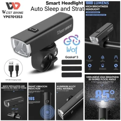 WEST BIKING 353 1000LM Smart Lampu Depan Sepeda 1000 Lumen Auto Start and Sleep Bicycle Front Light IP65 Waterproof Aluminum Alloy Headlights Type-C Charging Automatic Start And Stop 0701353 1000 Lumens Bike Front Light USB Charging Portable Smart Sense